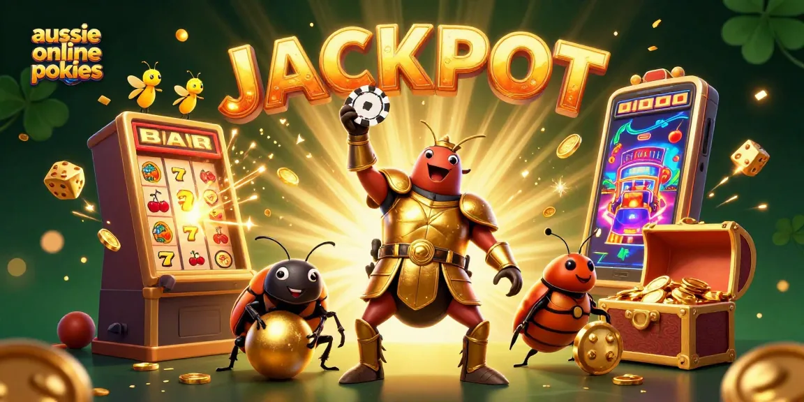 Engage with aussie online pokies through a vibrant scene bursting with slot machines and animated characters.