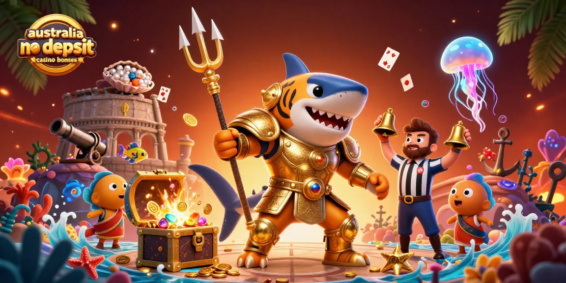 A vibrant underwater scene showcasing australia no deposit casino bonuses with a cartoon tiger shark in gladiator armor, engaging players