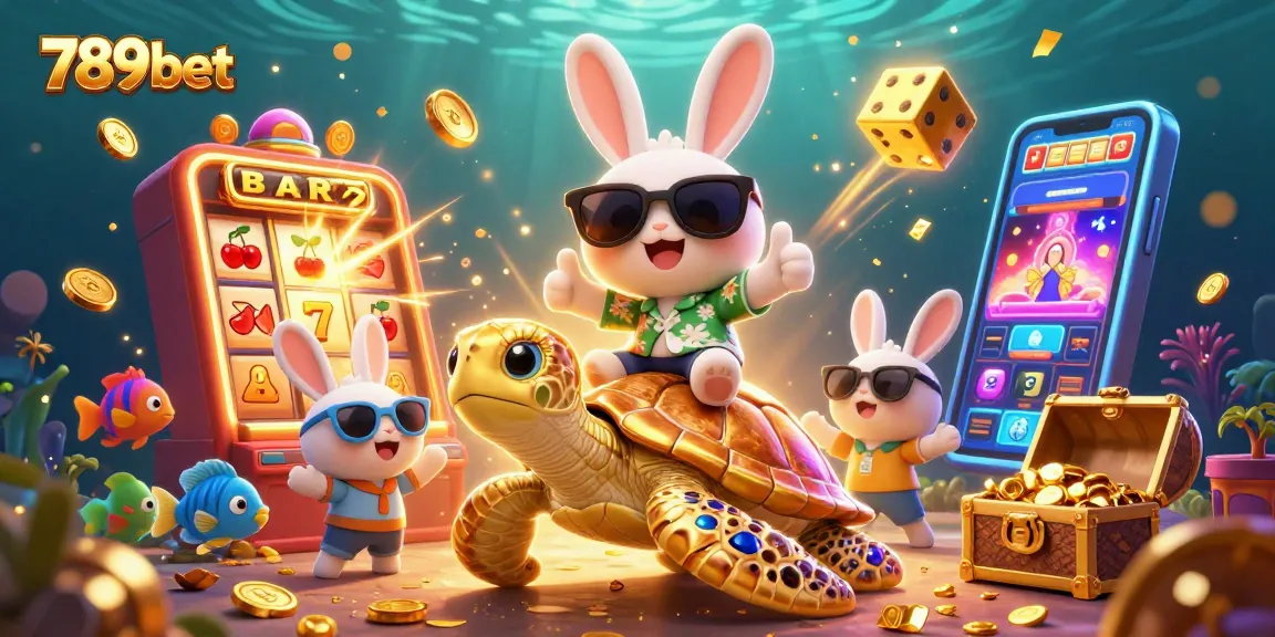 Experience exciting wins at 789bet with a fun-filled 3D casino scene featuring a lucky rabbit and sea turtle.