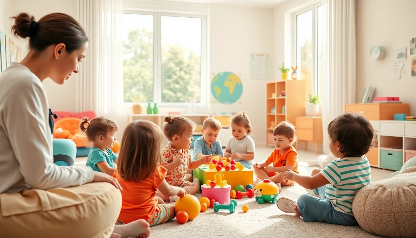 Engaged children receiving autism help in a colorful therapy room with a supportive therapist.