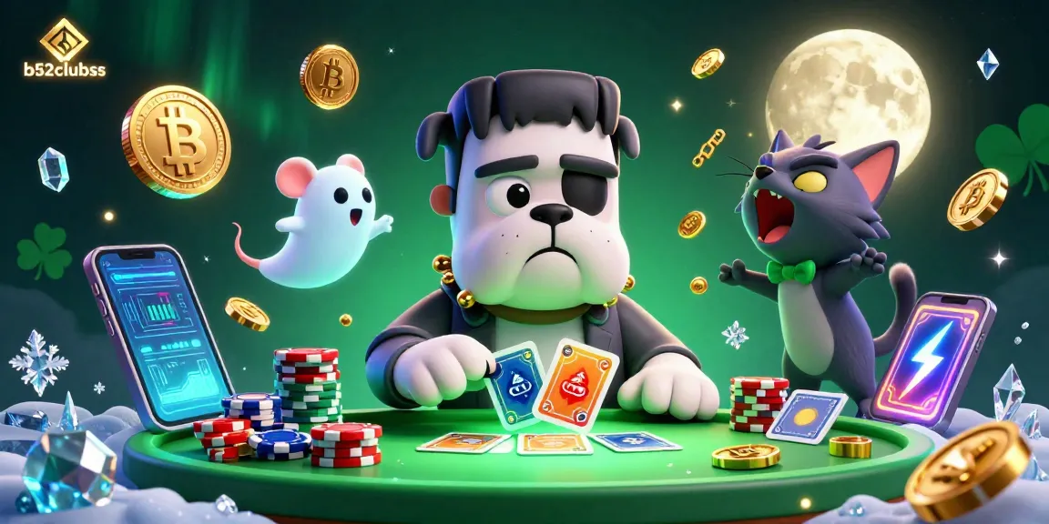 b52clubss players deal cards at a haunted casino table surrounded by crypto coins and spooky characters.