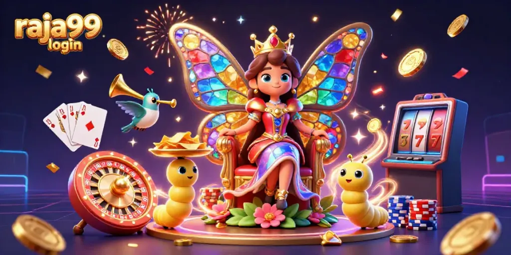 Experience the excitement of raja99 login with vibrant gaming elements and a butterfly queen.