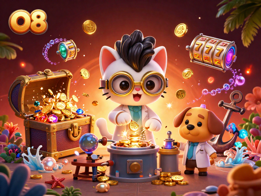 Engage with O8’s vibrant slot world featuring a playful mad scientist cat and dog in an exciting casino scene.