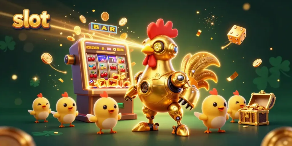 Mengikuti slot dengan jackpot besar, robot ayam emas futuristik dikelilingi simbol beruntung dan peti harta karun.