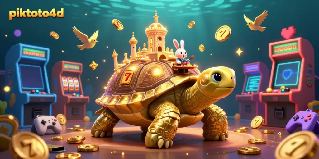 Experience the excitement of piktoto4d with a golden tortoise casino scene, featuring vibrant game elements and a rabbit dealer.