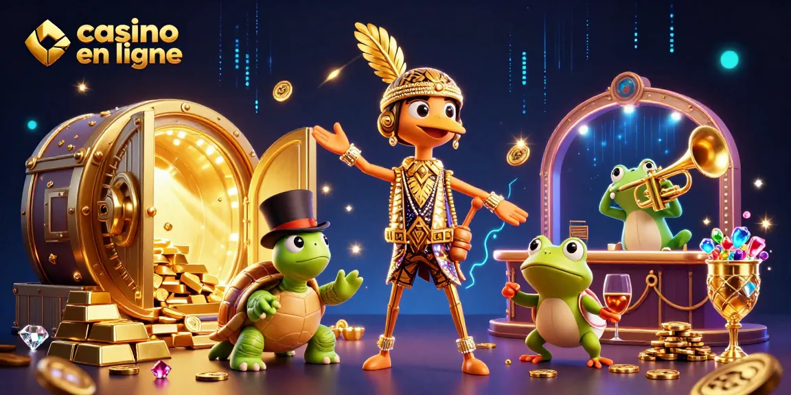 Illustration de casino en ligne avec crane art déco, tortue en haut-de-forme et grenouille musicienne, entourés de trésors brillants.