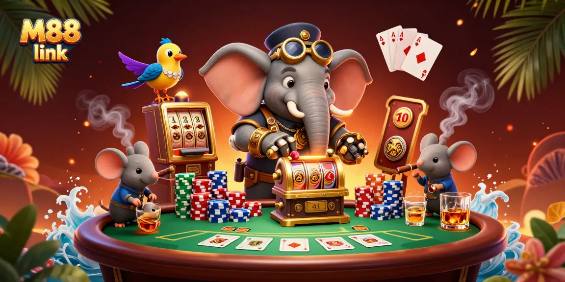 Experience thrilling action at M88 link with a vibrant steampunk casino scene filled with poker elements.