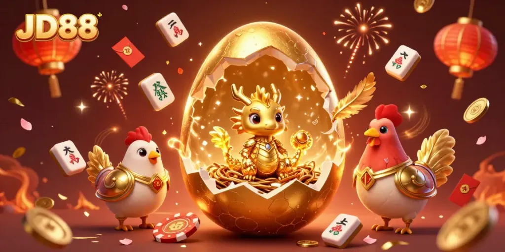 Experience thrilling gaming at JD88 with a vibrant 3D scene featuring golden dragon and poker chips.