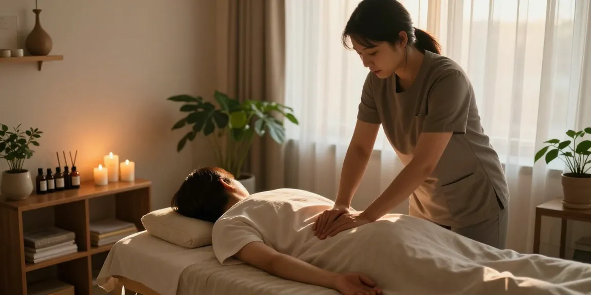 강남출장마사지 session in a serene living room with natural light and calming decor.