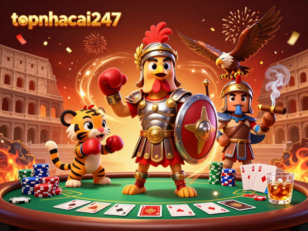 Experience exciting gaming moments at topnhacai247 with a vibrant casino illustration featuring dynamic characters and poker elements.
