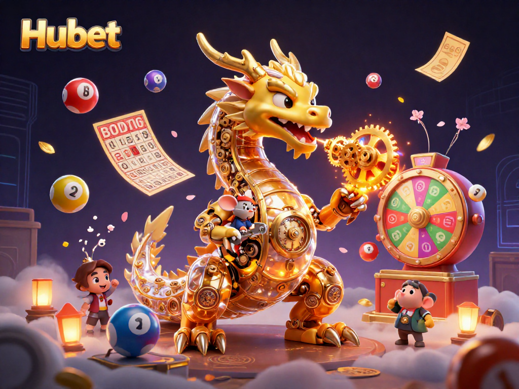 Hubet entertains with a golden dragon breathing gears amidst vibrant lottery elements.