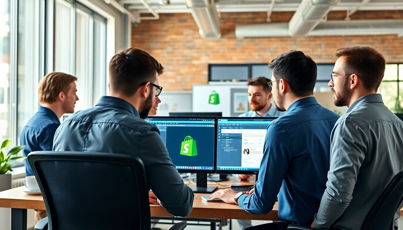 Team actively working on Custom Shopify development in a bright office atmosphere.