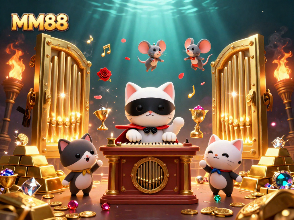 Experience the thrill of MM88 at a vibrant casino scene with dynamic characters and treasures.