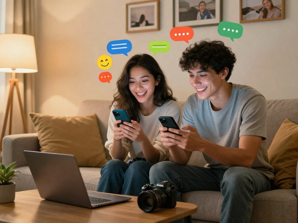Couple engaging in AI sexting in a cozy living room