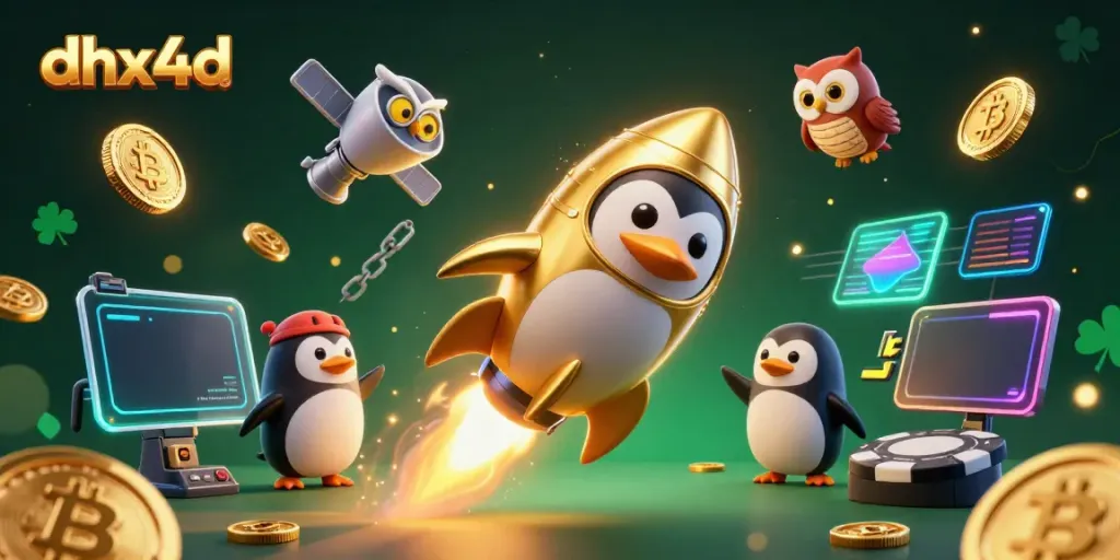 DHX4D memperlihatkan penguin emas bertenaga roket meluncur menuju stasiun kasino dengan simbol slot dan koin crypto di sekelilingnya