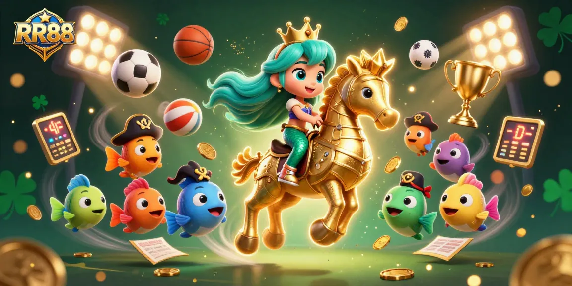 Experience the vibrant world of RR88 with an exclusive 3D casino scene showcasing dynamic sports elements and captivating characters.