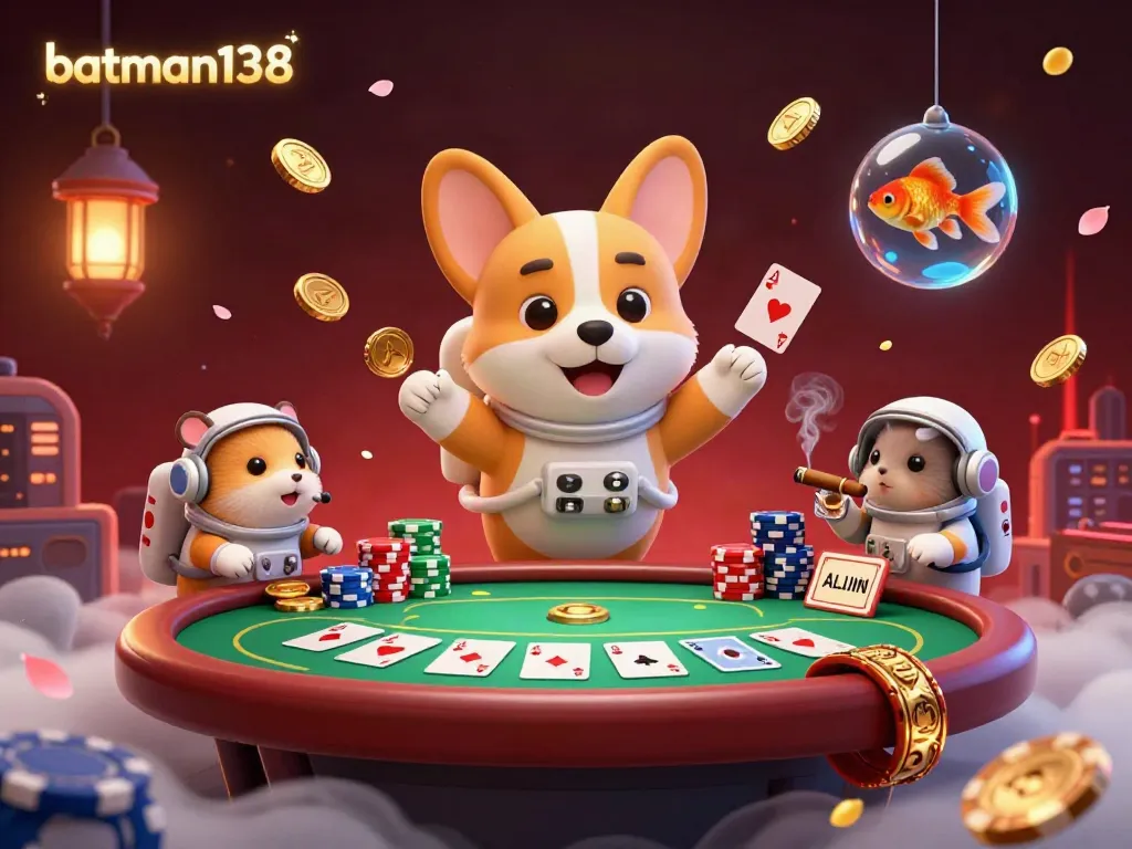 Experience the excitement of batman138 with a floating casino scene featuring a corgi astronaut amidst poker chips and golden coins.