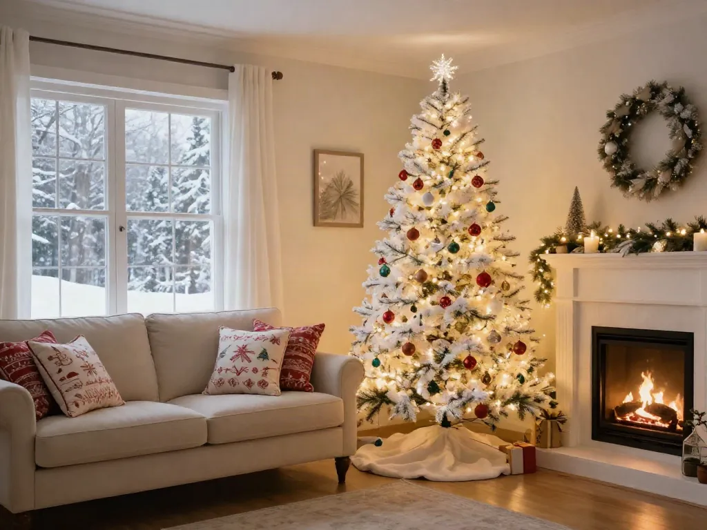 Delightful white tree xmas in a cozy living room adorned with festive decorations.