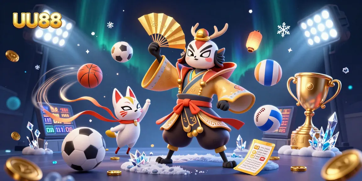 Bet big with UU88 while enjoying a vibrant 3D cartoon gambling scene filled with sports elements and excitement.