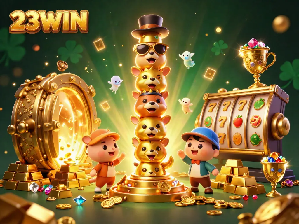 Experience the vibrant excitement of 23WIN with dynamic casino elements and a lucky totem in 3D art.