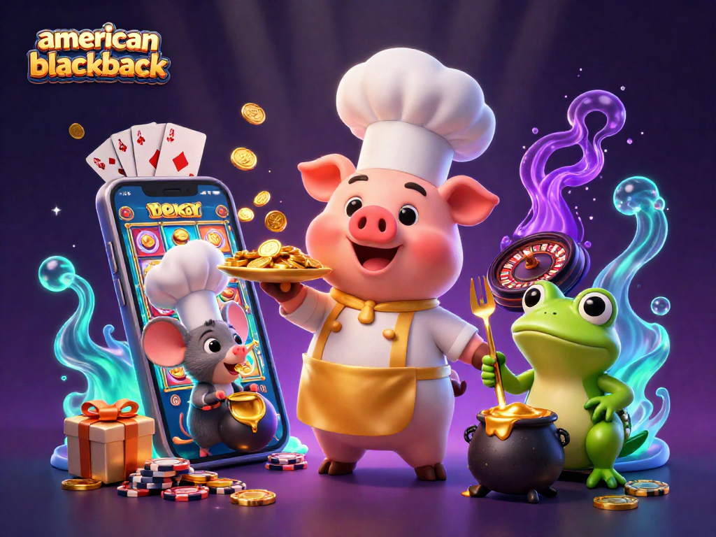 Experience the thrill of american-blackjack with vibrant characters and dynamic gaming elements in a 3D casino scene.
