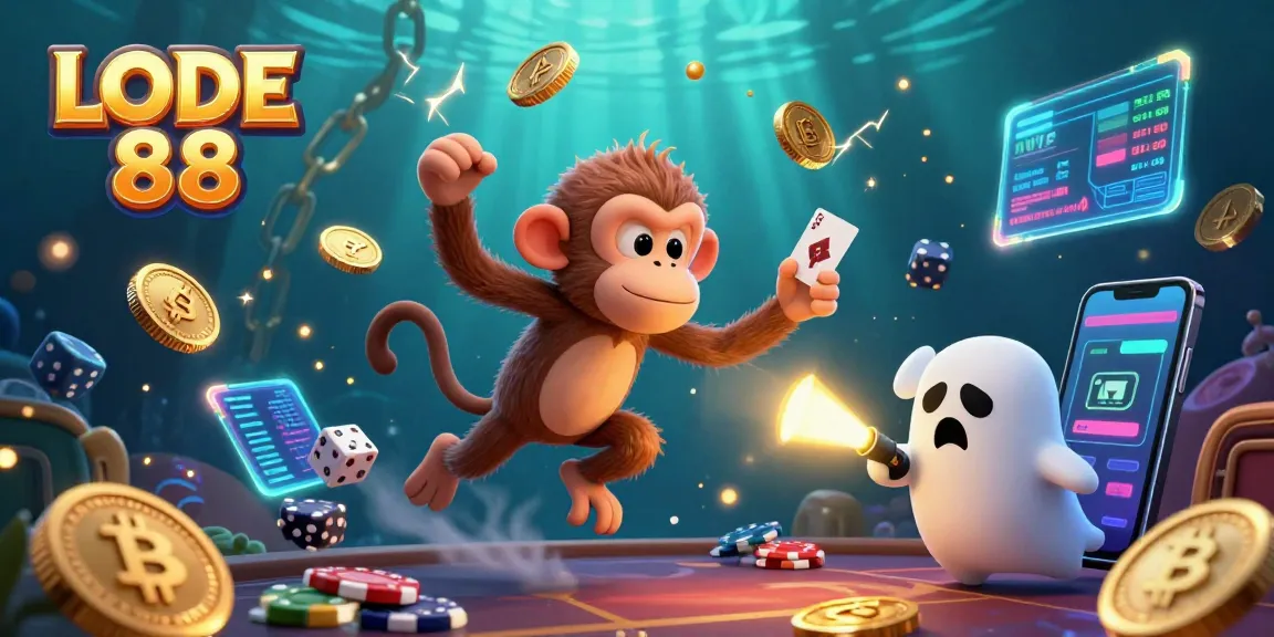 Engage with LODE 88's lively casino scene featuring a poltergeist monkey juggling, drawing in bright crypto elements.
