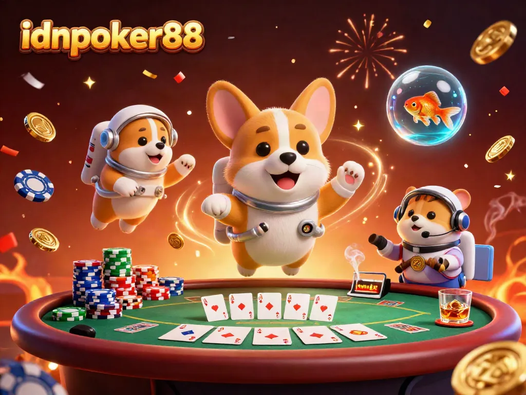 Engage with idnpoker88 in a vibrant space-themed casino scene featuring an astronaut corgi surrounded by poker chips.