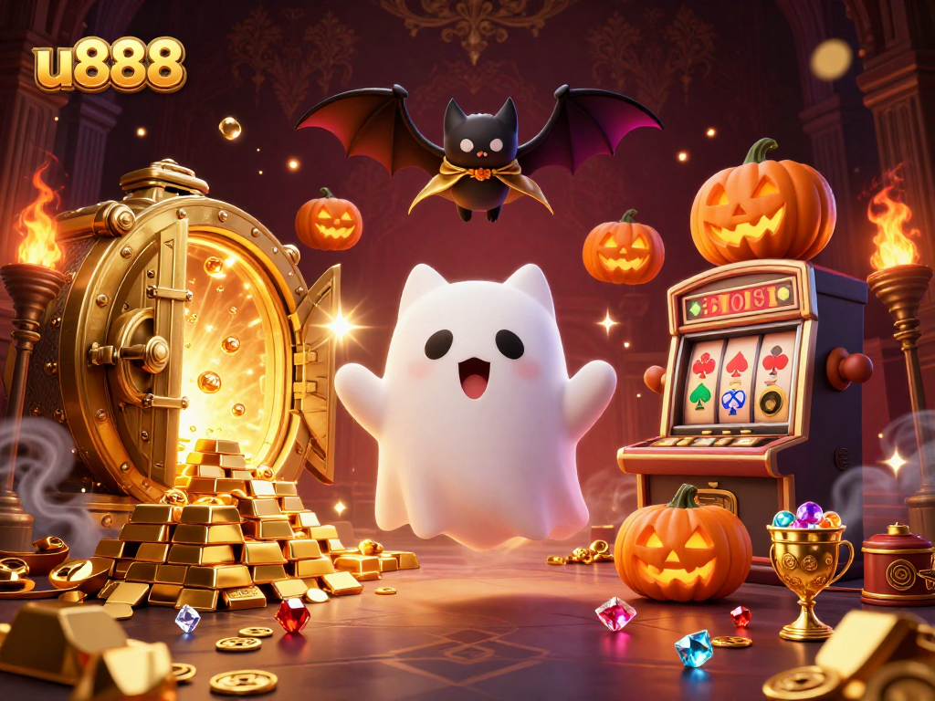 Engage in thrilling gameplay at u888 with ghost cat and vampire bat in a vibrant casino setting.