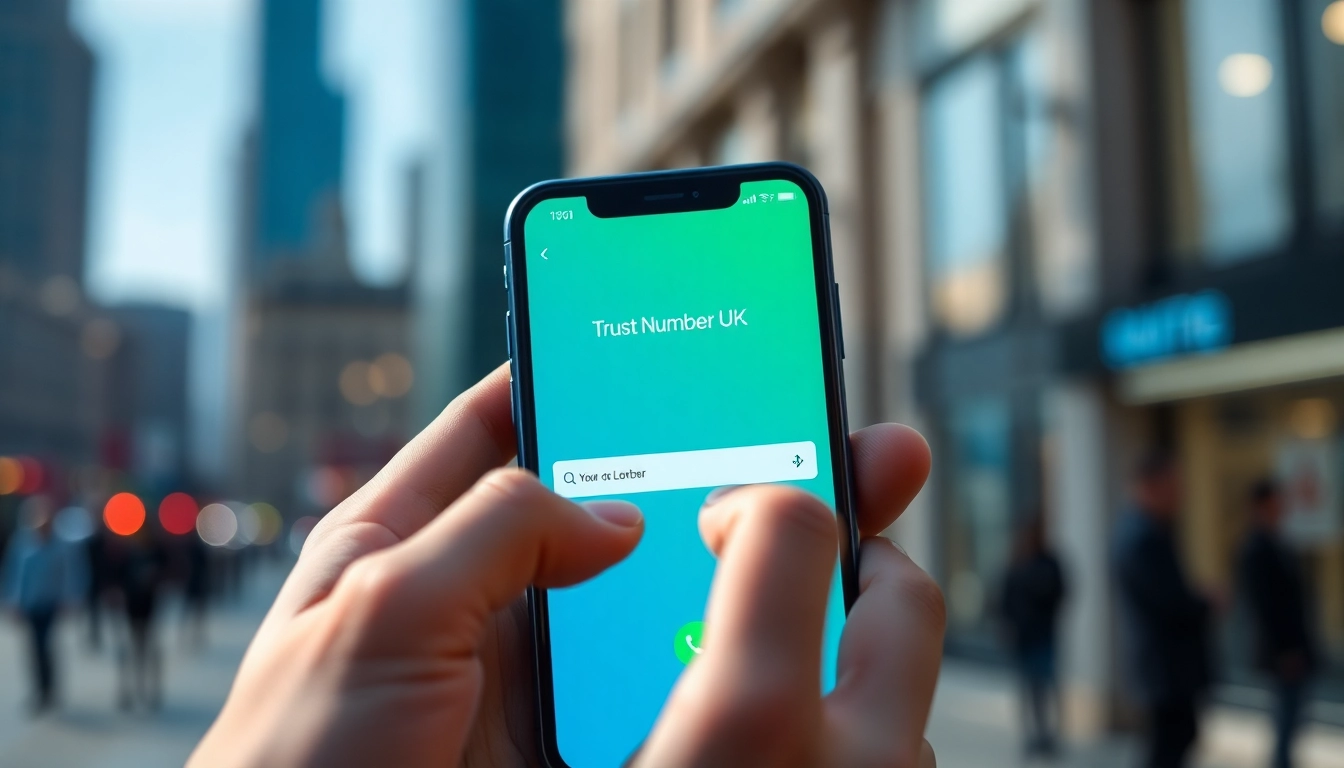 Engaging in phone number lookup UK with user-friendly mobile interface against a cityscape background.