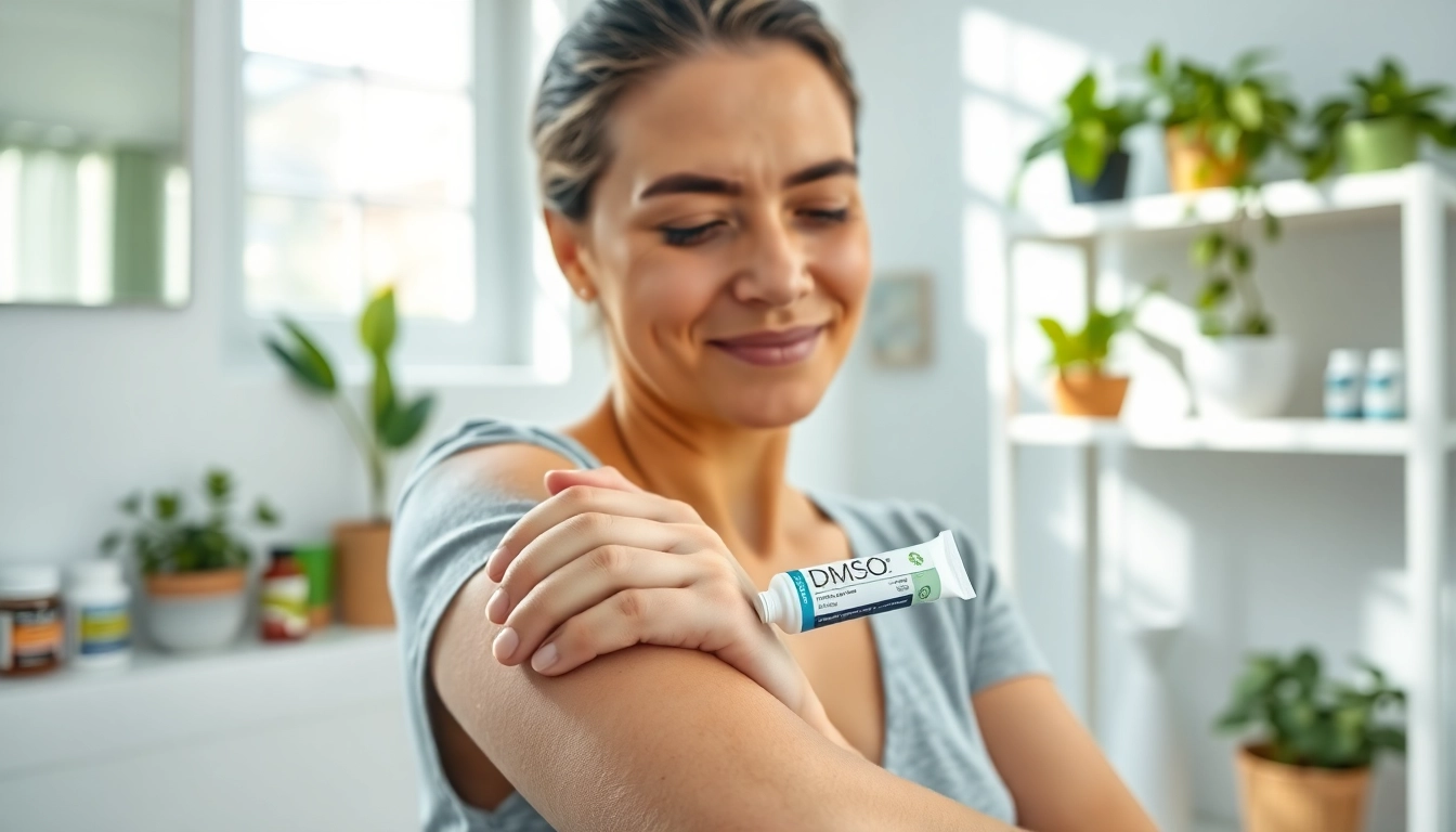 Applying DMSO for pain relief on arm with visible calm expression in a bright setting.