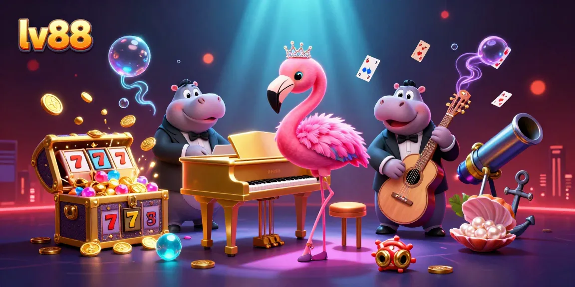 lv88 casino offers vibrant entertainment with a pink flamingo singer and cheerful hippo bassist.