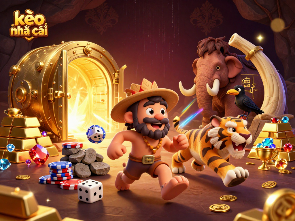 Experience the thrill of kèo nhà cái with a vibrant prehistoric casino scene showcasing animated characters and gold treasures.