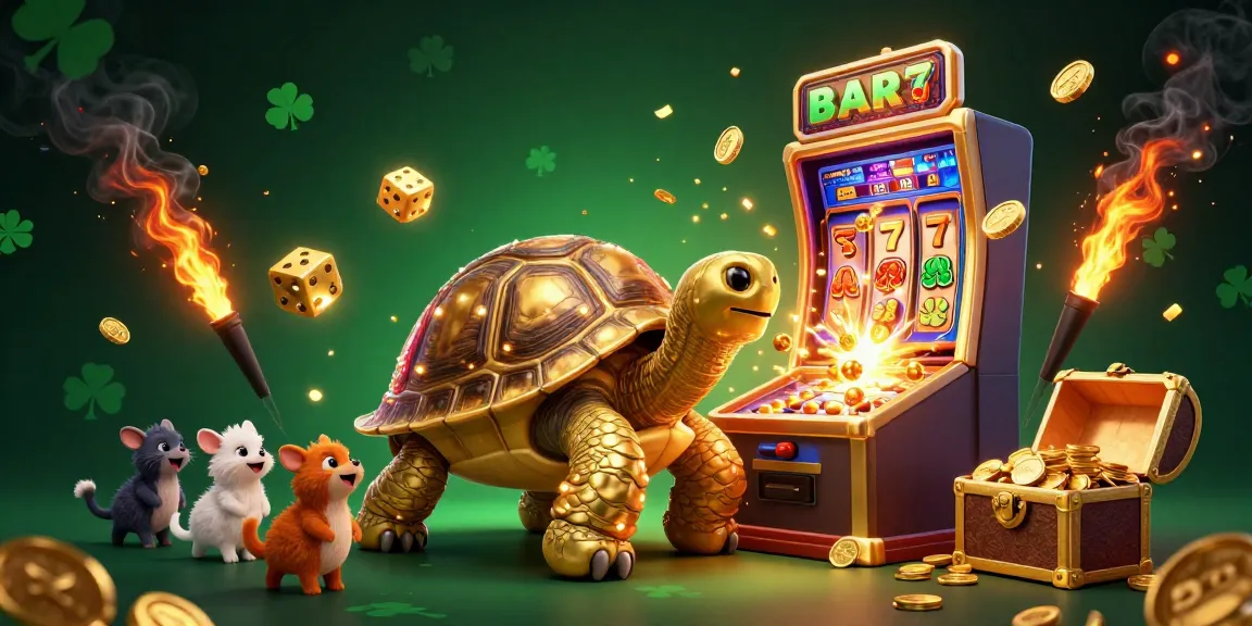 Experience sbobet betting excitement with a golden tortoise pinball and dynamic slots in this vibrant casino scene.