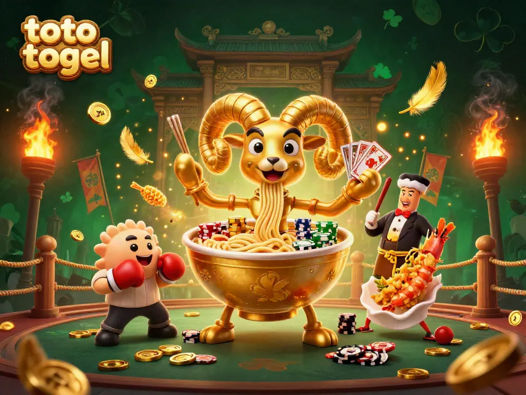 Engaging scene of toto togel with a giant ramen bowl dealing cards, gyoza sidekick, and cheerleaders.