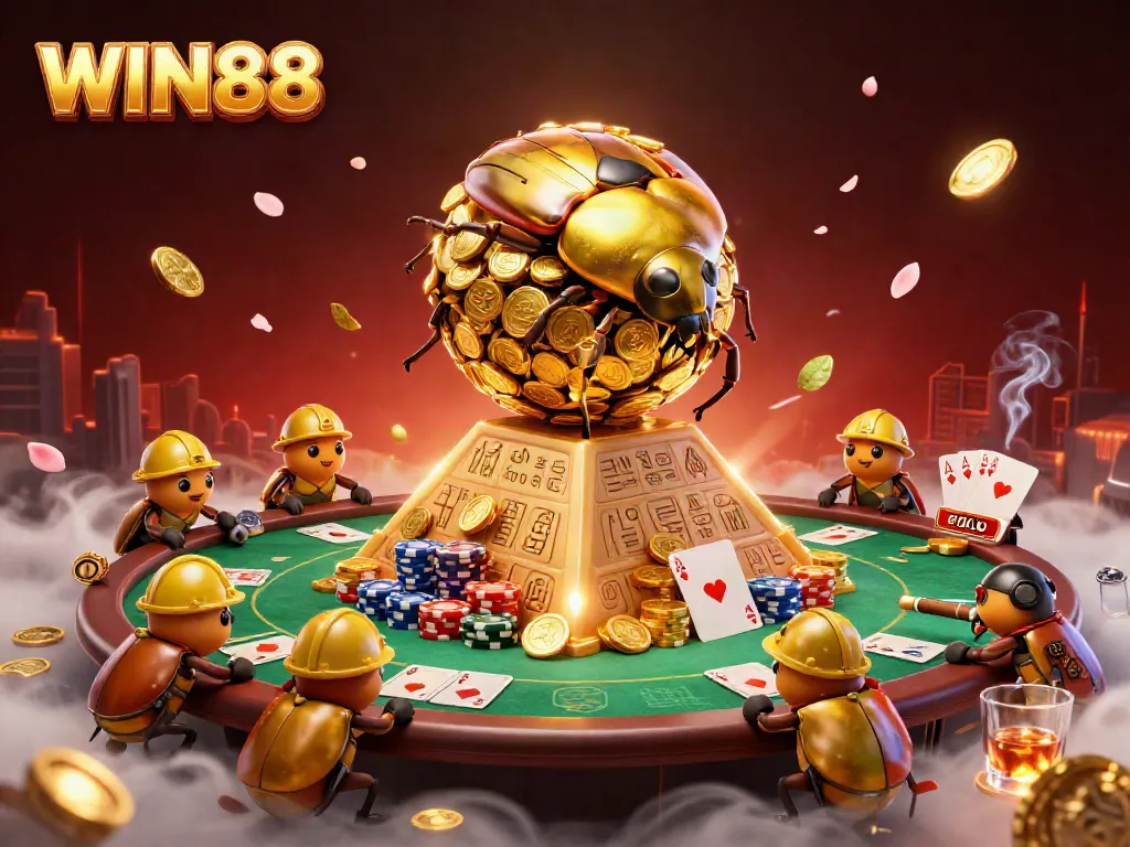 Experience excitement with WIN88 at a vibrant casino scene of golden beetles and poker elements.
