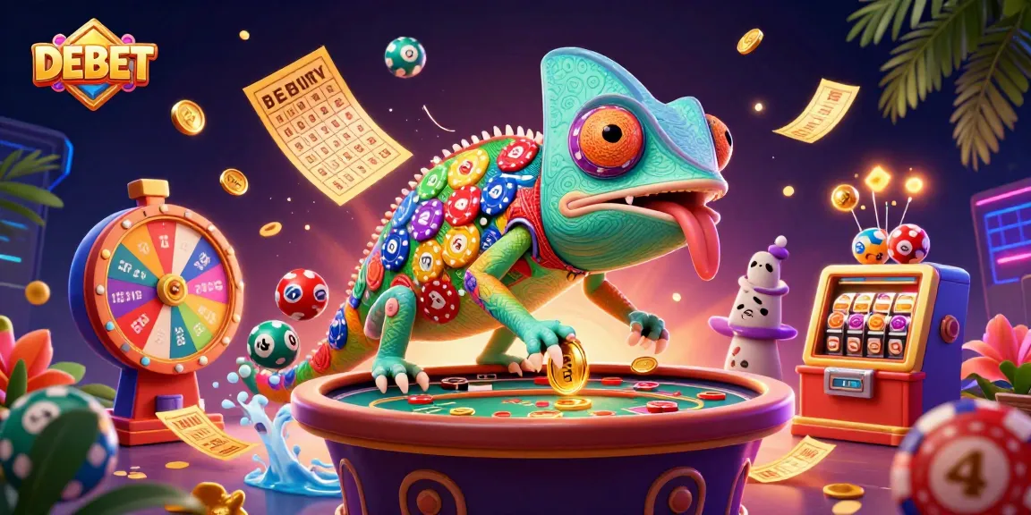 Experience the excitement of DEBET with a vibrant 3D casino scene featuring a chameleon casino owner and dynamic lottery games.