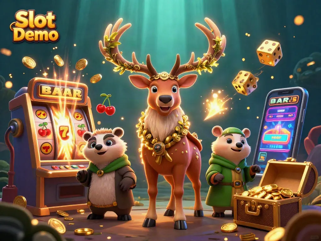 Engage with Slot Demo in a vibrant, animated casino scene filled with joyful characters and gaming elements.