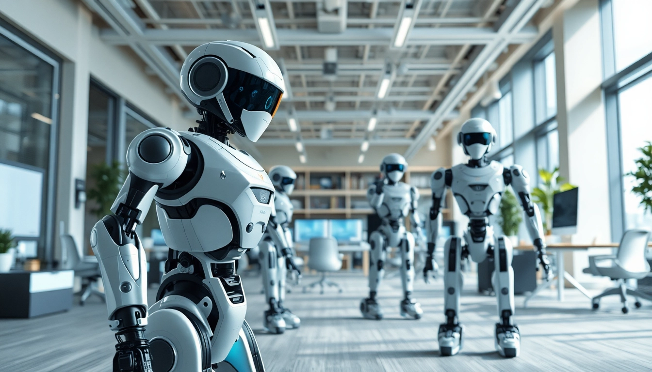 Engaged Ai Bots performing tasks in a modern workspace setting, showcasing advanced technology.