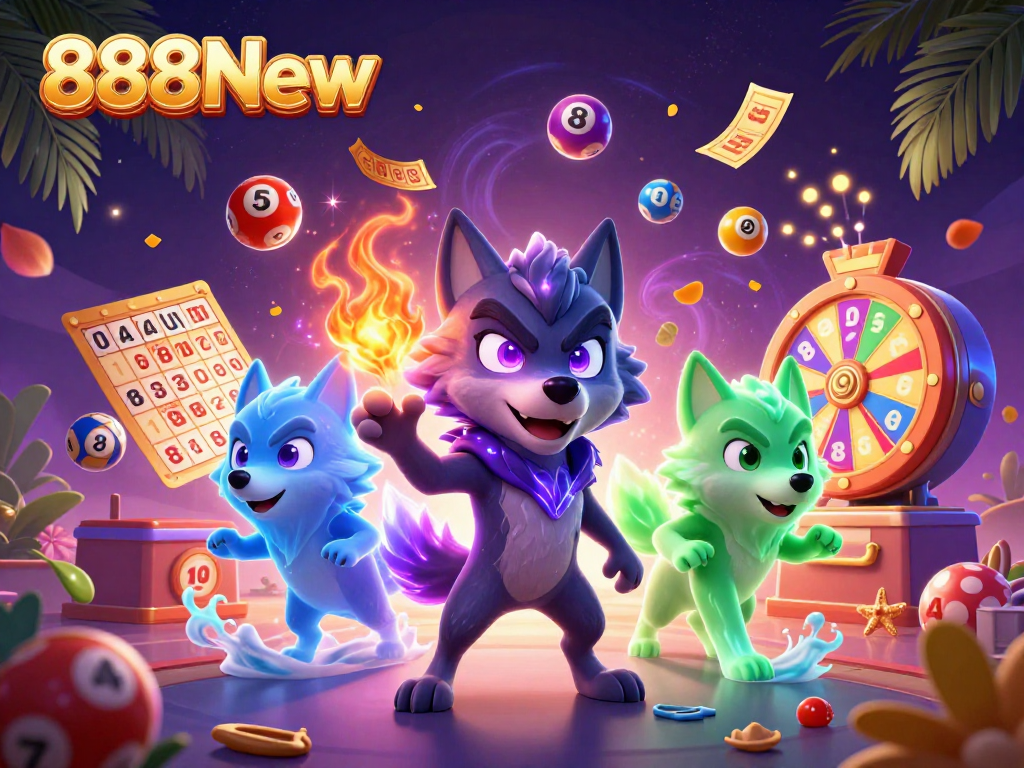 Engage with thrilling games at 888New, featuring dynamic lottery balls and vibrant casino elements.