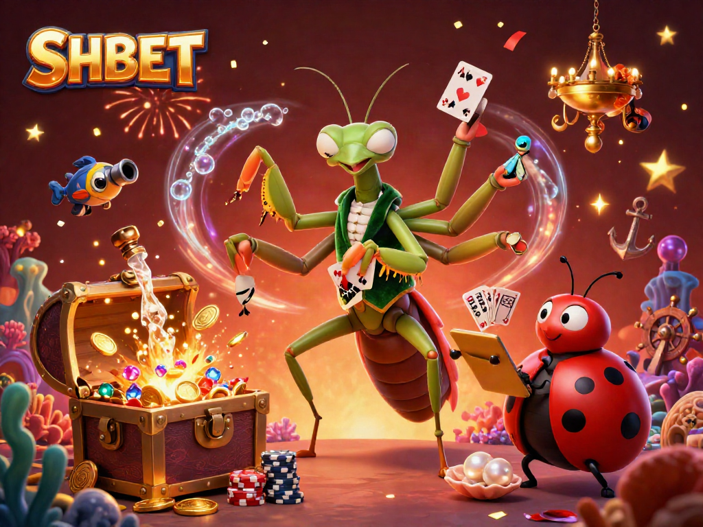 SHBET showcases a vibrant 3D casino scene with a giant mantis card sharp and ladybug pit boss.