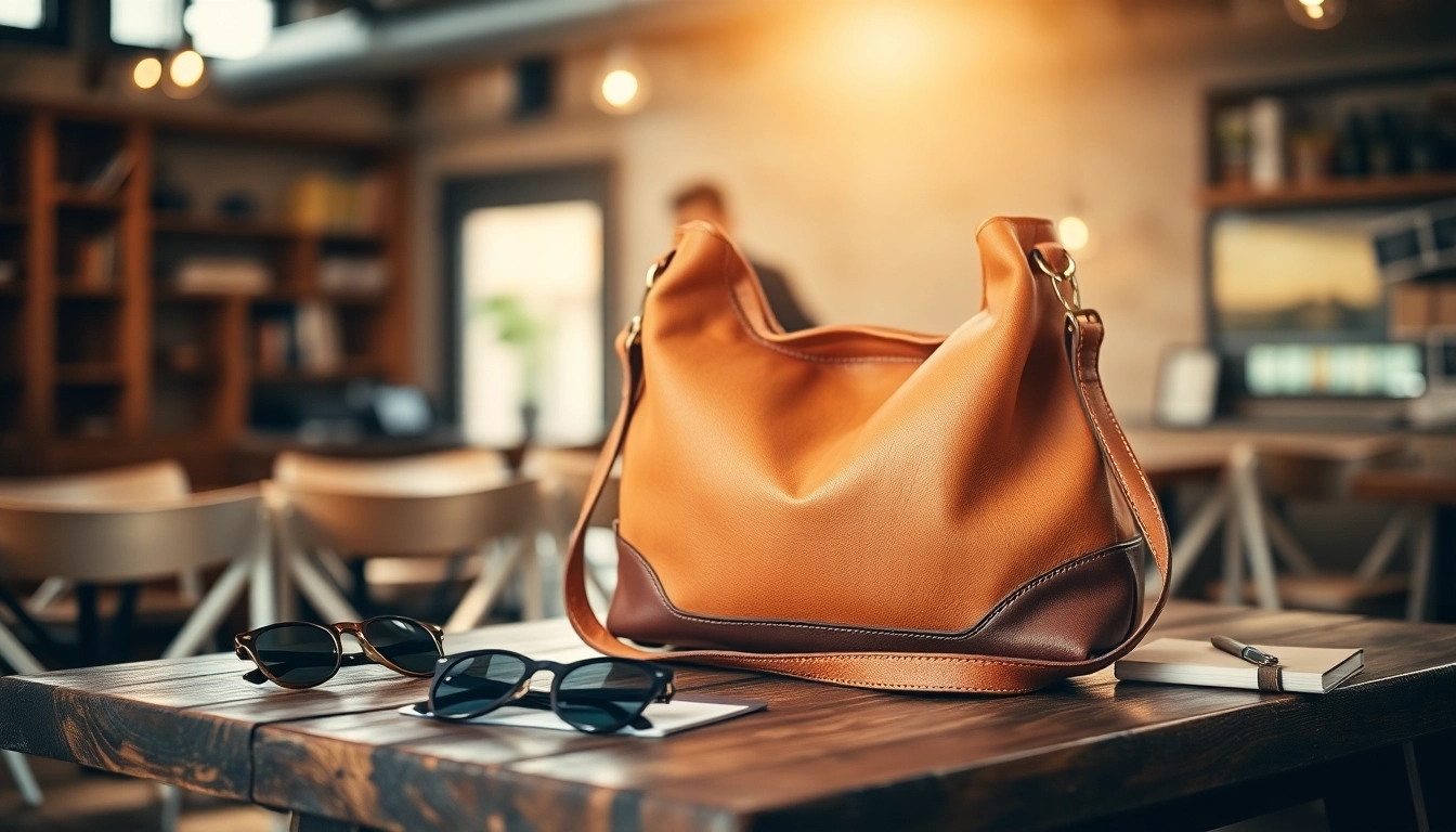 Showcasing a fashionable hobo style bag amidst stylish accessories on a rustic table.