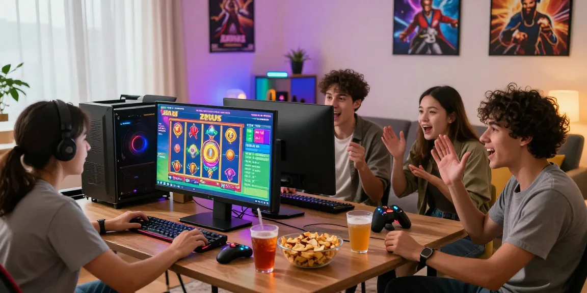 Group of friends enjoying slot zeus games together in a vibrant gaming room atmosphere.