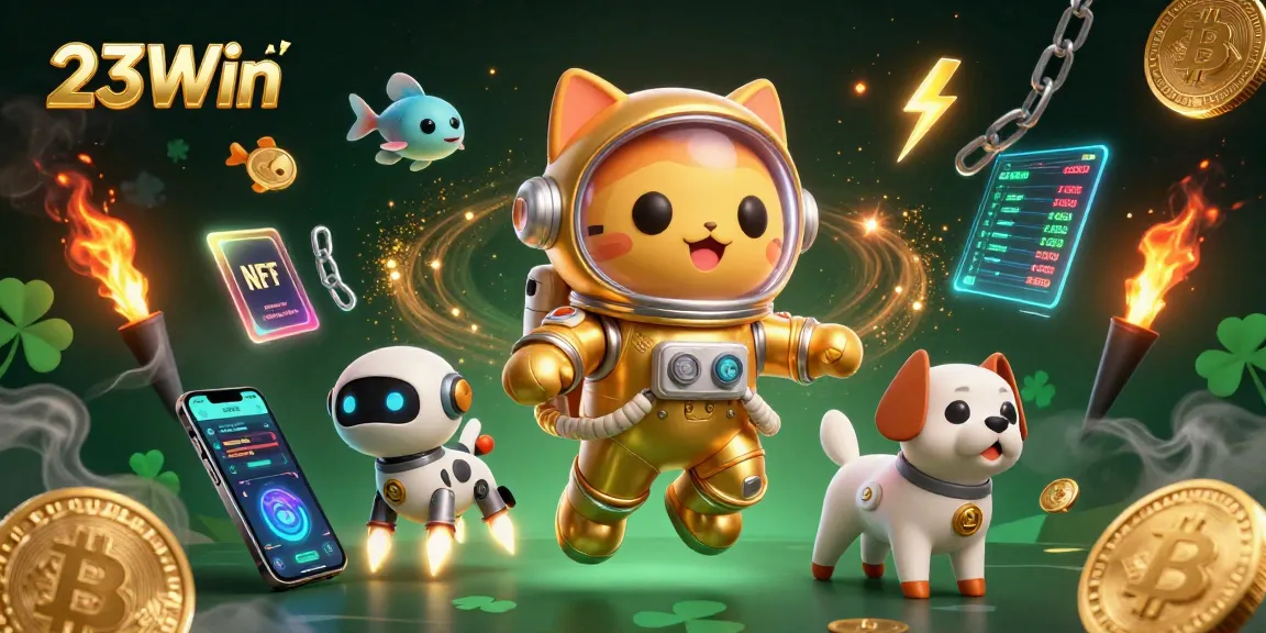 Engage with 23Win's vibrant 3D casino world featuring a heroic astronaut cat and dynamic crypto elements.