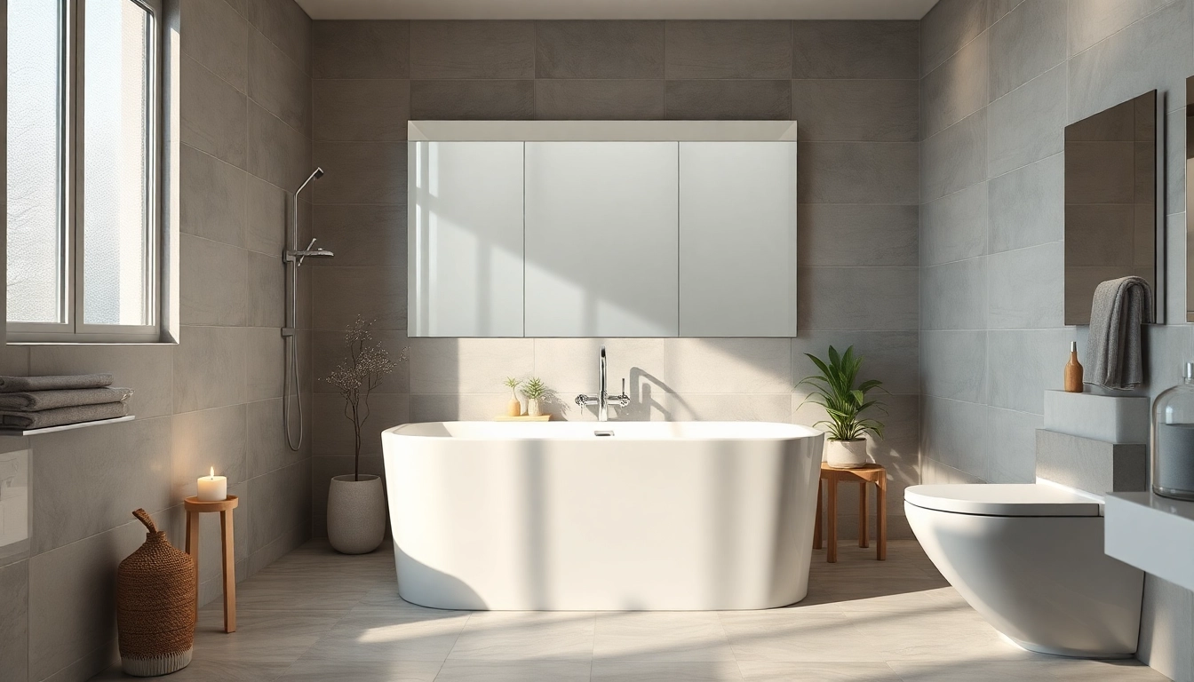 Ein eleganter spiegelschrank bad im modernen Badezimmer mit sanfter Beleuchtung und stilvollen Details.
