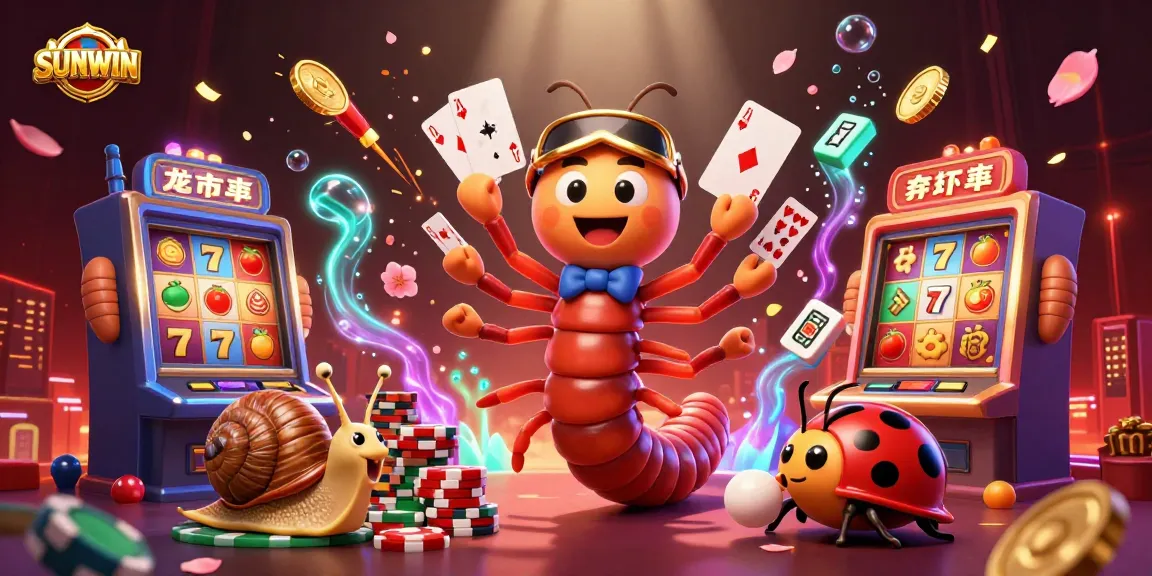 SUNWIN’s vibrant casino scene with a millipede dealer and a snail high-roller emphasizing excitement.
