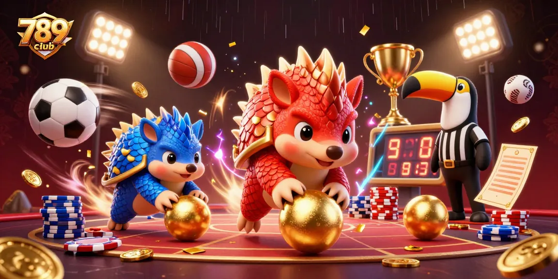 Engage in thrilling action with 789club as pangolins bowl through poker chips in a vibrant casino scene.