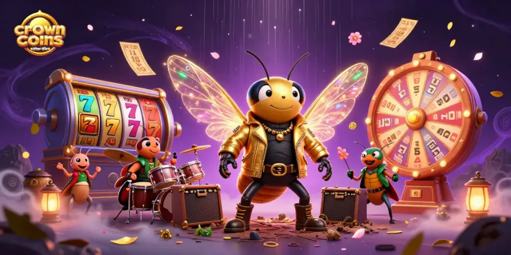 Crown coins sister sites featuring a festive 3D scene of animated characters, slot machines, and vibrant gaming elements