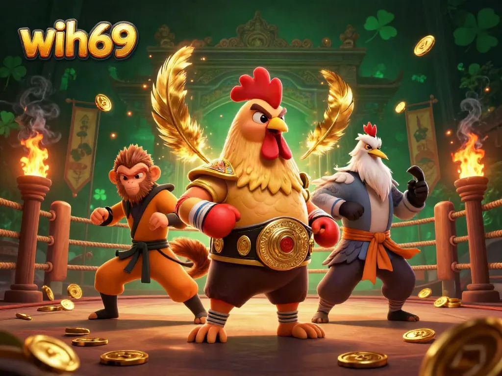 Wih69 menghadirkan ciri khas perjudian dengan rooster pejuang dan keberuntungan dalam ilustrasi 3D yang memukau.
