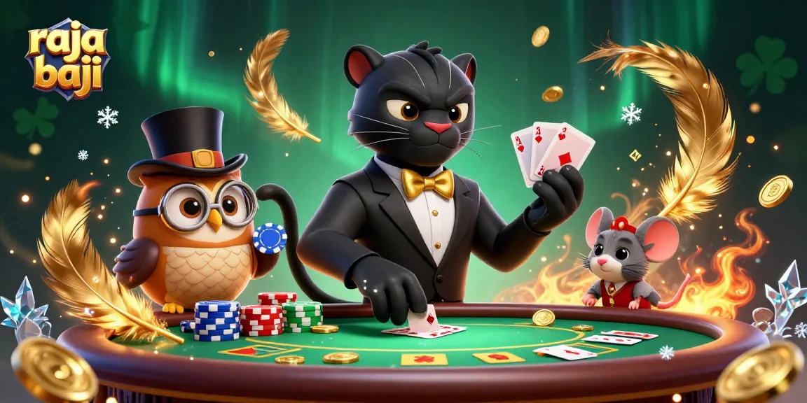 Raja baji showcases a black panther dealing poker cards amidst vibrant gambling elements.