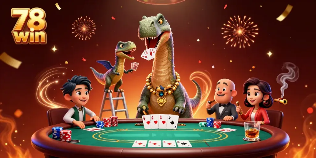 Enjoy the ultimate fun at 78 win with a towering cartoon brontosaurus among lively casino action.